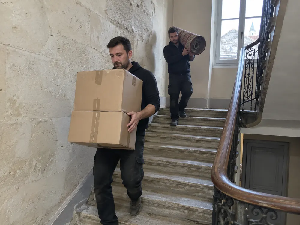 Cartons descendus dans l'escalier d'un immeuble ancien