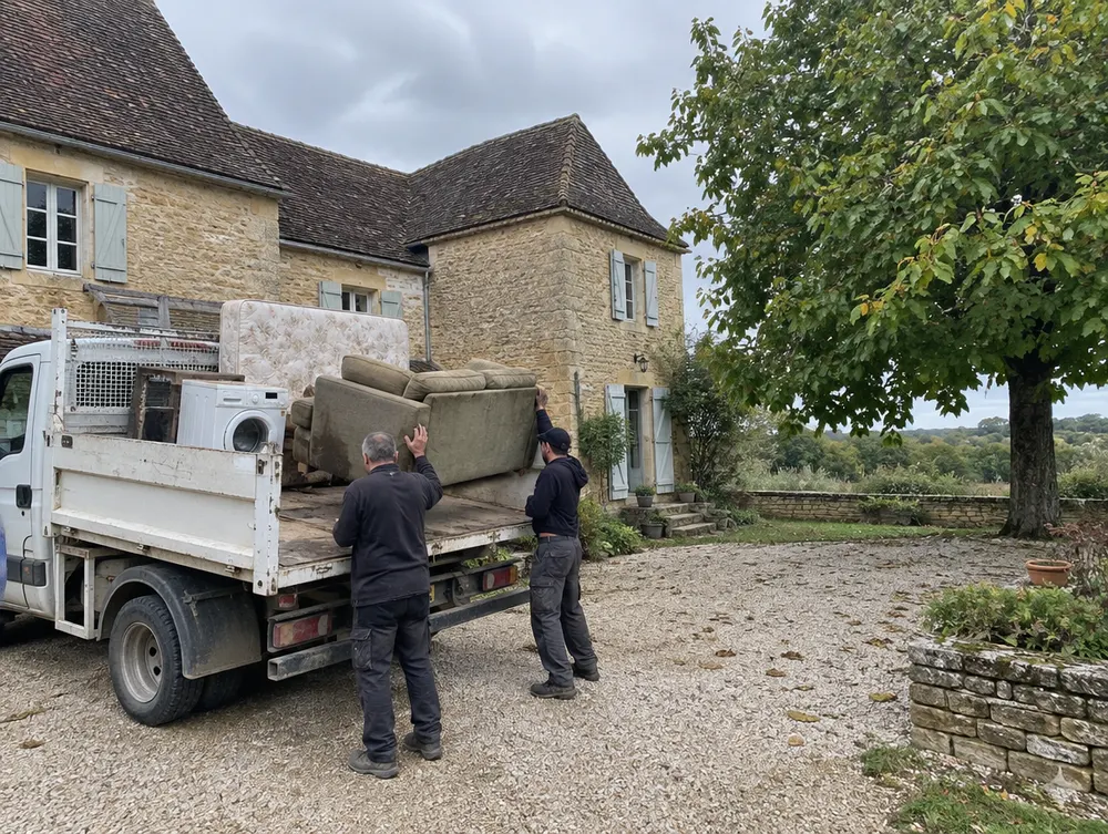 Chargement d'un canapé et d'électroménager dans un camion benne