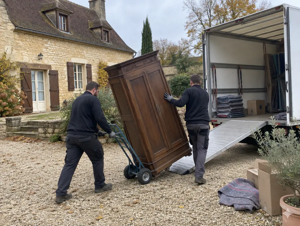 Déménageurs sortant une armoire d'une maison en pierre en Dordogne